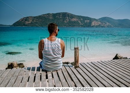 Beautiful Tropical Island Beach - Koh Kham, Trat Thailand Pattaya Asia, Men Relax On Tropical Island