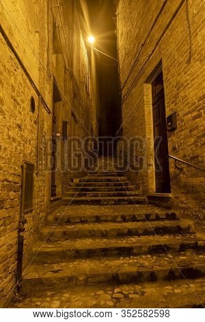 Ripatransone, Ascoli Piceno, Marches, Italy: Typical Street Of The Historic Town At Evening