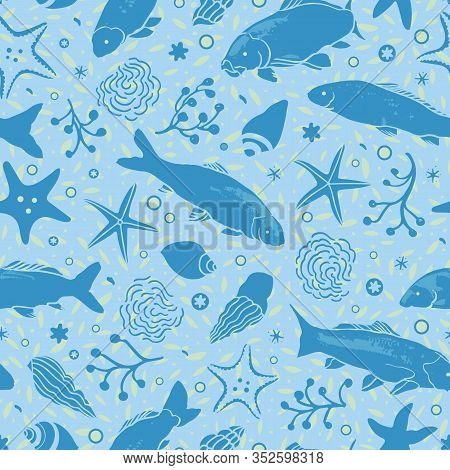 Sealife Linocut Style Pattern With Fish, Starfish, Seaweed And Wavein Blue Tones On Textured Backgro