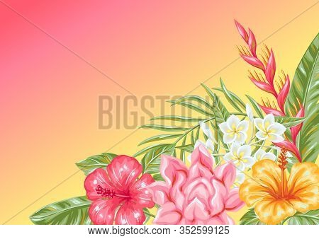 Background With Tropical Flowers And Leaves. Decorative Exotic Foliage, Palms And Plants.