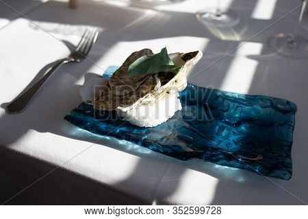 Fresh Oysters Close-up On Blue Plate, Served Table With Oysters. Healthy Sea Food, Gourmet Food In R
