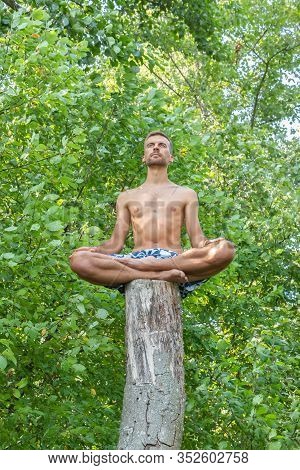 Man Sitting On Long Tree Trunk And Meditating On Foliage Background. Young Man Sitting In Lotus Pose