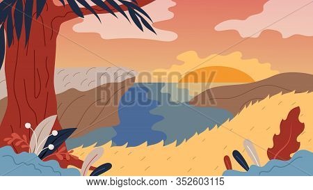 Nature Background With Landscape, River, Tree And Sunset. Panorama Of Nature Landscape Valley On Sun