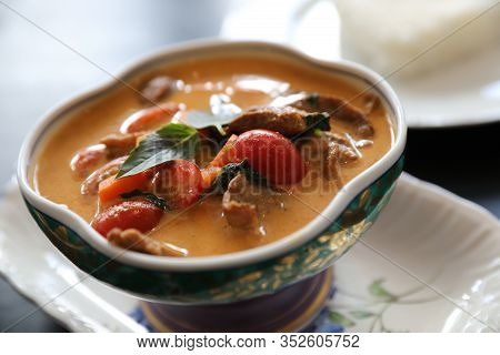 Roasted Duck In Red Curry With Rice , Traditional Thai Food