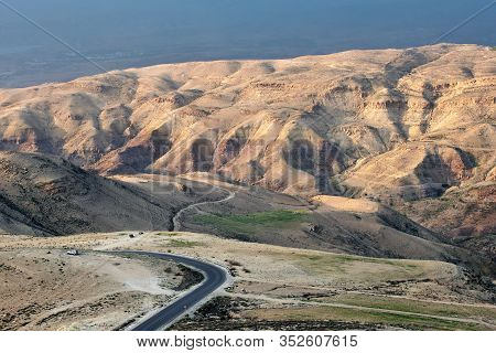 Scenic Aerial View From Biblical Mount Nebo In Jordan With Sunset Light. View From Top Of The Mount 