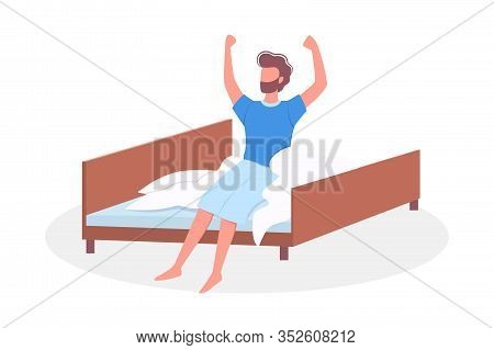 Man Sleeping In The Bed And Waking Up With The Sun In A Good Mood.
