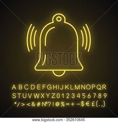 Active Notification Neon Light Icon. Ringing Bell. Reminder Alarm. Glowing Sign With Alphabet, Numbe