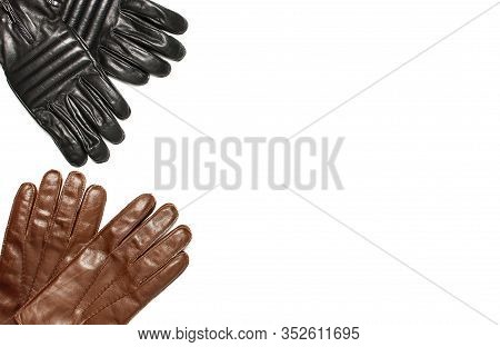Black And Brown Classic Leather Mens Gloves On White Isolated Background Top View. Stylish Fashionab