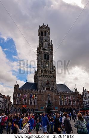 Bruges, Flanders, Belgium. August 2019. Markt Squere Is One Of The Most Important.  The Bell Tower O