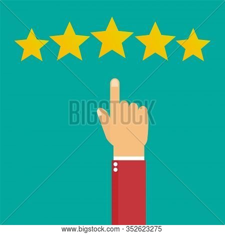 Hand With Pointing Finger Pointing To Rating Stars. Flat Design - Vector