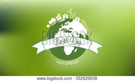 Earth Day Green Planet With Solar Panels, Trees And Eolian Windmills
