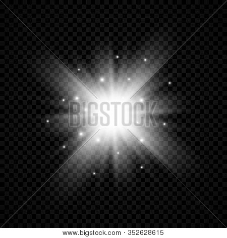 Light Effect Of Lens Flares. White Glowing Lights Starburst Effects With Sparkles On A Transparent B