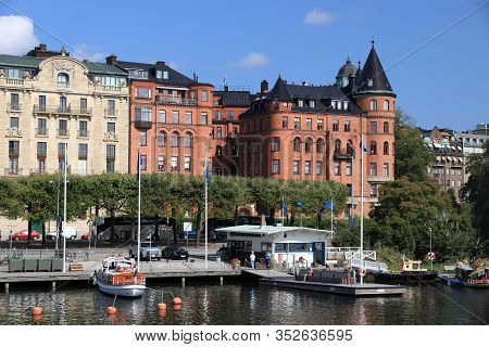 Stockholm City Skyline In Sweden. Strandvagen Waterfront In Ostermalm District.