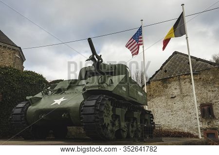 Sherman M4 Tank, U.s. Army. World War Two Monument In Houffalize, Belgium, 15 Februari 2020.