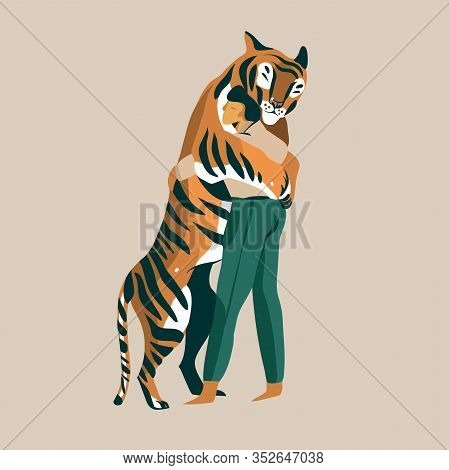 Hand Drawn Vector Stock Abstract Graphic Illustration With A Man Tiger Trainer Very Tenderly Loving 