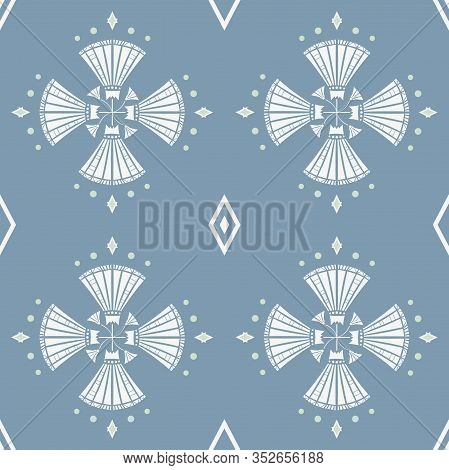 Vector Art Deco Style Inspired Geometric Lilies On Blue Seamless Pattern Background.