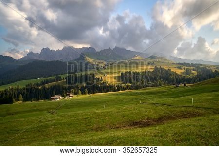 Aerial View With Drone Sassolungo Mountains On The Italian Alps Dolomites