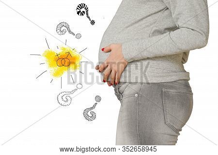 Closeup Of Torso And Hand Of Young Pregnant Woman, Question Marck And Symbol Of Man And Woman On Whi
