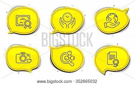 Safe Time Sign. Diploma Certificate, Save Planet Chat Bubbles. Certificate, Chemistry Lab And Photo 