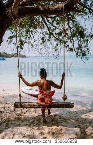 Beautiful Tropical Island Beach - Koh Kham, Trat Thailand Pattaya Asia, Woman Relax On The Beach
