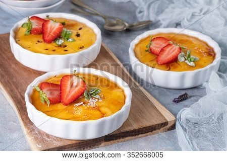 Creme Brulee - Traditional French Vanilla Cream Dessert With Caramelised Sugar On Top. Leite Creme, 