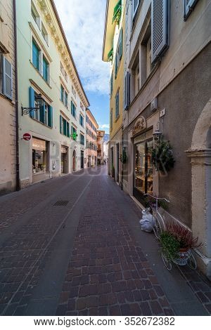 Rovereto, Italy - Feb 20, 2020: Medieval City Street Feb 20, 2020 In Rovereto, Italy. It Is A Landma