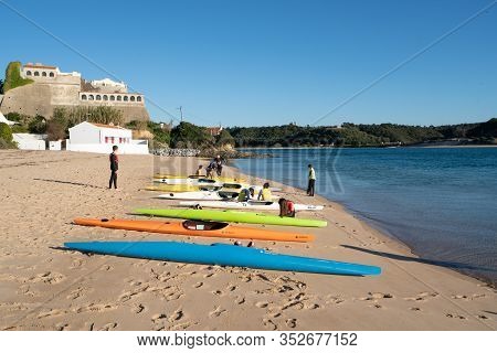 Vila Nova De Milfontes, Portugal - January 10, 2019: Kids Canoeing In Vila Nova De Milfontes Beach, 