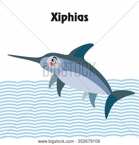 Colorful Decorative Outline Cute Xiphias (swordfish) Swimming In Profile. Wild Animals And Birds Vec