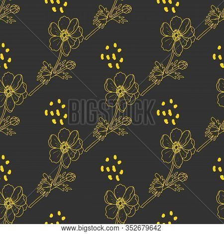 Flowers Golden Design, Seamless Pattern With Beautiful Anemones On Black Background. Vector Hand Dra