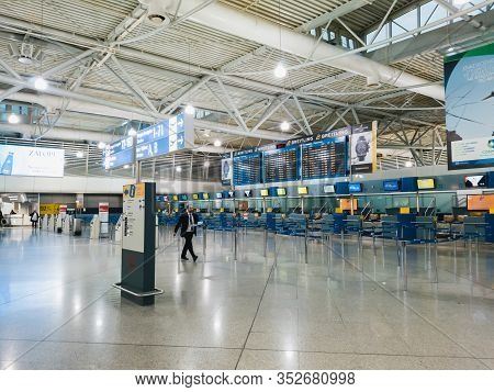 Athens, Greece - February, 11 2020: Athens International Airport Eleftherios Venizelos. An Empty Dep
