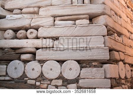 Detail Of Ancient Frankish Castle On Paros Island, Cyclades, Greece. Built In 1260 Ad With Millstone