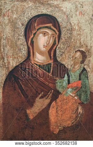Vasaras, Greece - March 17, 2018: Ancient Painting - Virgin Mary With Child From The Church Of Saint