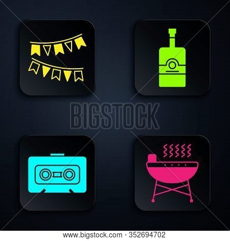Set Barbecue Grill , Carnival Garland With Flags , Retro Audio Cassette Tape And Whiskey Bottle . Bl
