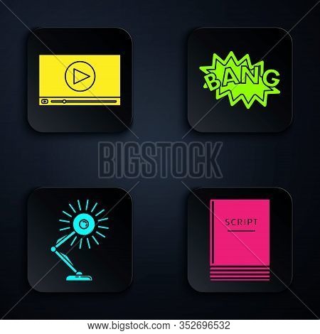 Set Scenario , Online Play Video , Table Lamp And Bang Boom Text Speech Bubble Balloon . Black Squar