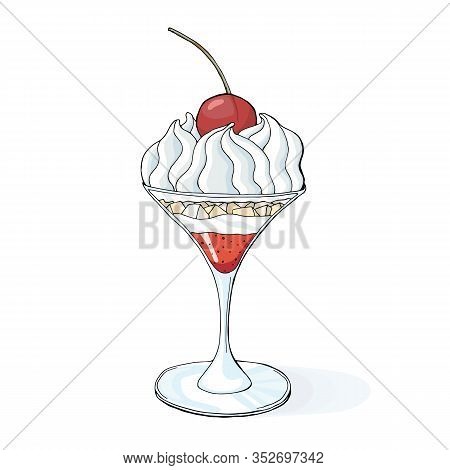Fruit And Cream Dessert In A Glass With Cherry On Top. Vector Illustration Isolated On White Backgro