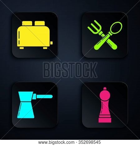 Set Pepper , Toaster With Toasts , Coffee Turk And Crossed Fork And Spoon . Black Square Button. Vec