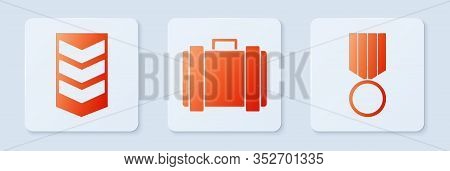 Set Military Ammunition Box, Military Rank And Military Reward Medal . White Square Button. Vector