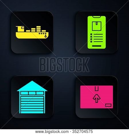 Set Cardboard Box With Traffic Symbol , Cargo Ship With Boxes Delivery Service , Closed Warehouse An