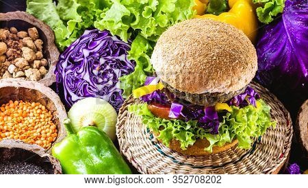 Large Roasted Vegan Hamburger, Made From Chickpeas And Soy With Proteins. Healthy And Vegetarian Lif