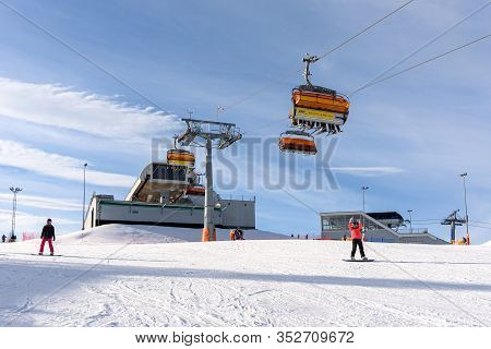 Bialka Tatrzanska, Poland - February 22, 2020: People Skiing On The Slope Of Kotelnica Bialczanska S
