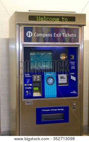 Vancouver, Canada - February 17,2020: Compass Exit Tickets Machine On Waterfront Station (canada Lin