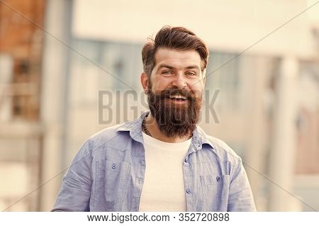 As Individual As You Are. Happy Hispter Outdoor. Confident And Handsome Brutal Man. Hair And Beard C
