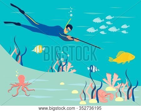 Spearfishin, Underwater Hunting. In Minimalist Style. Cartoon Flat Raster