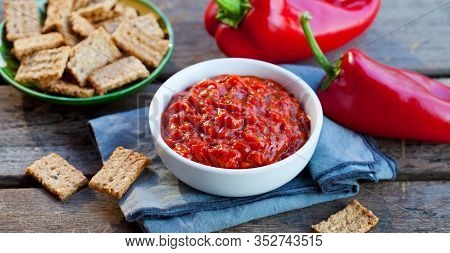 Vegetable Relish, Chutney, Lutenica, Pindjur. Traditional Balkan Food. Close Up.