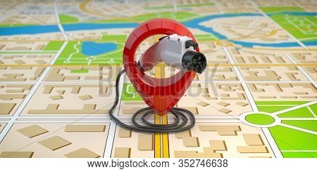 Electric car charging point location. Car charger power plug with pin on the map of a city. 3d illustration