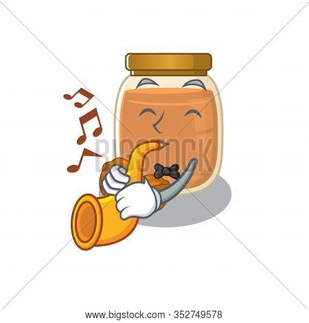 Mascot Design Concept Of Walnut Butter Playing A Trumpet