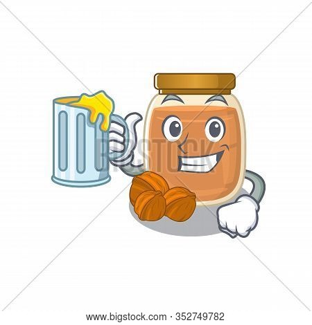 Smiley Walnut Butter Mascot Design With A Big Glass