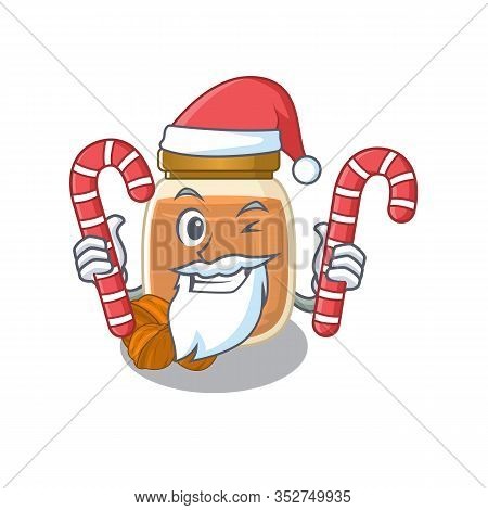 Walnut Butter Cartoon Character Wearing Santa Costume Bringing A Candy