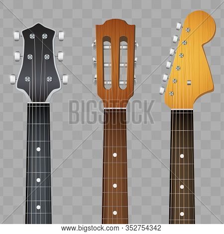 Set Of Electro And Acoustic Guitars Neck Fretboard And Headstock. Vector Illustration Isolated On Tr