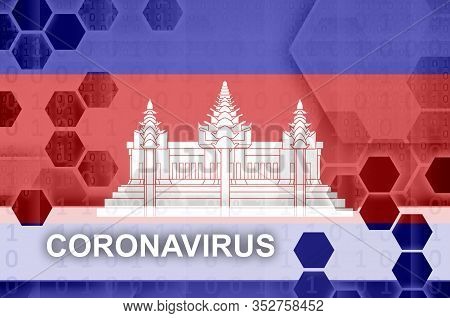 Cambodia Flag And Futuristic Digital Abstract Composition With Coronavirus Inscription. Covid-19 Out